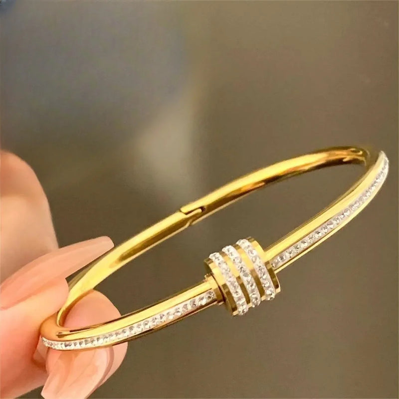 Titanium Steel Gold Plated Bangles Bracelet for Women Girls Gifts Trend Waterproof Jewelry Luxury Sparkling Zircon Open Bangle