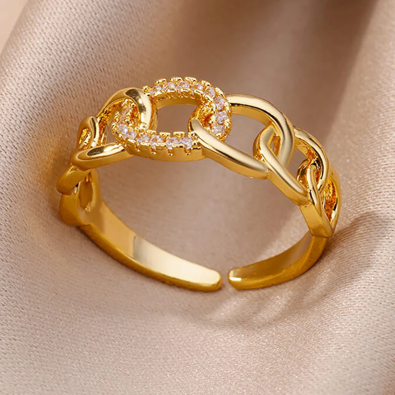 Fashion Gold Color Stainless Steel Rings For Women Chain Hollow Out Crystal Zircon Finger Ring Jewelry 2023 Gift anillos mujer