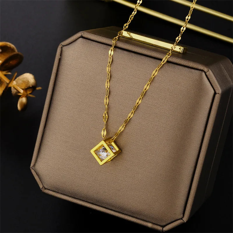 Classic Zircon Crystal Inside Hollow Square Stainless Steel Necklace For Women Korean Fashion Sexy Female Clavicle Chain Jewelry