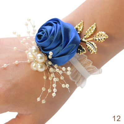 Bridesmaid Faux Rose Bracelet Wedding Wrist Corsage Polyester Ribbon Pearl Bow Bridal Gifts Hand Flowers Party Prom Accessories