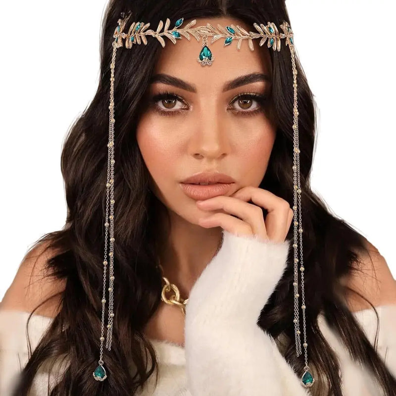 Indian Boho Bridal Headdress Fashion Golded Alloy Leaf Green Crystal Long Chain Tassel Head Chain Women&