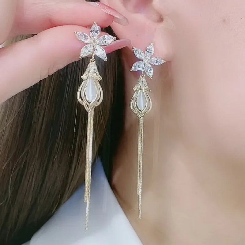 Luxury Crystal Flower Tassel Drop Earrings for Women Shiny Zircon Opal Long Dangle Earrings Girls Party Wedding Jewelry Gift