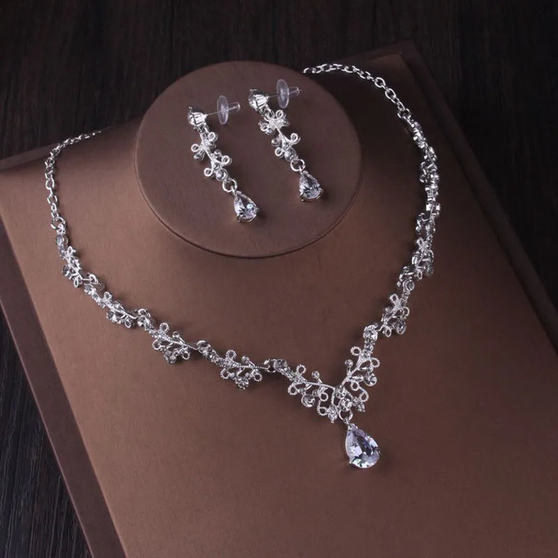 Luxury Silver Color Crystal Water Drop Bridal Jewelry Sets Rhinestone Tiaras Crown Necklace Earrings Wedding Dubai Jewelry Set