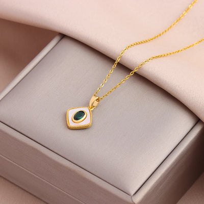 New In Fashion Green Zircon Crystal Pendant Stainless Steel Necklaces For Women Trendy Retro Style Female Clavicle Chain Jewelry