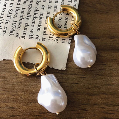 Stainless Steel Ear Clips Vintage Imitation Baroque Pearl Dangle Earrings Women Jewelry, Party Gift, Fashion