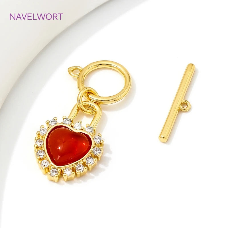 18K Gold Plated With Heart Red Zircon Toggle Clasps OT Clasps Jewelry Connectors  For DIY Bracelet Necklace Making Accessories