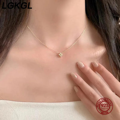 LGKGL S925 Sterling Silver Plated 18K Gold Set Zircon Necklace Female Sparkling Diamond Four Leaf Grass Versatile Collar Chain