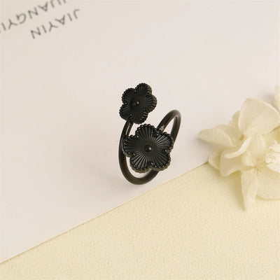 Hot Sale Botanical Laser Five Leaves Flower Open Ring Highquality Gold Silver Rose Gold Black Double Flower Ring Clover Ladies