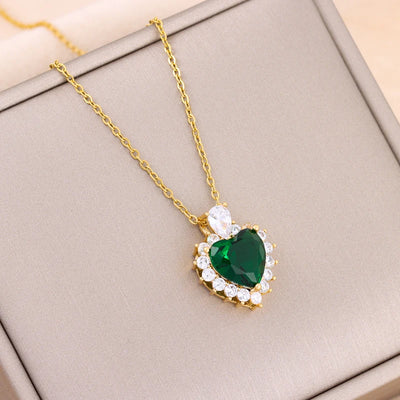 New In Fashion Green Zircon Crystal Pendant Stainless Steel Necklaces For Women Trendy Retro Style Female Clavicle Chain Jewelry