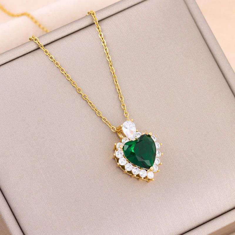 New In Fashion Green Zircon Crystal Pendant Stainless Steel Necklaces For Women Trendy Retro Style Female Clavicle Chain Jewelry