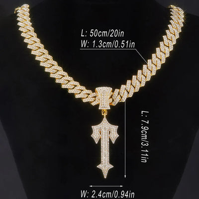 Men's Women Hip Hop Letter Iced Out Cross Sword Necklaces 13mm Width Rhombus Cuban Chains HipHop Pendant Necklace Charm Jewelry