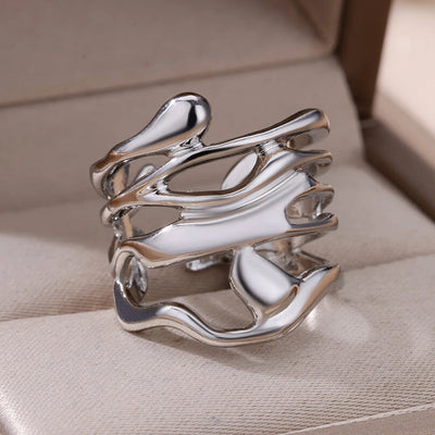 Stainless Steel Rings For Women Men Gold Color Hollow Wide Open Ring Female Male Fashion Wedding Party Finger Jewelry Gift 2024