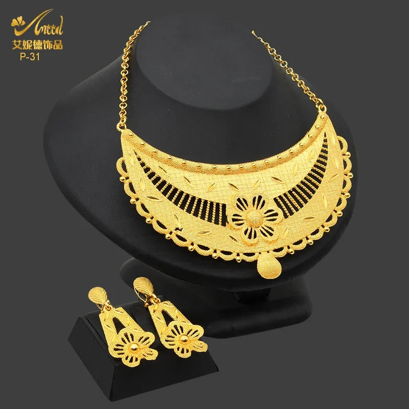 Dubai Indian African Tassel Necklace Earrings Jewelry Set For Women 24K Gold Plated Nigeria Bridal Wedding Party Gift Jewellery