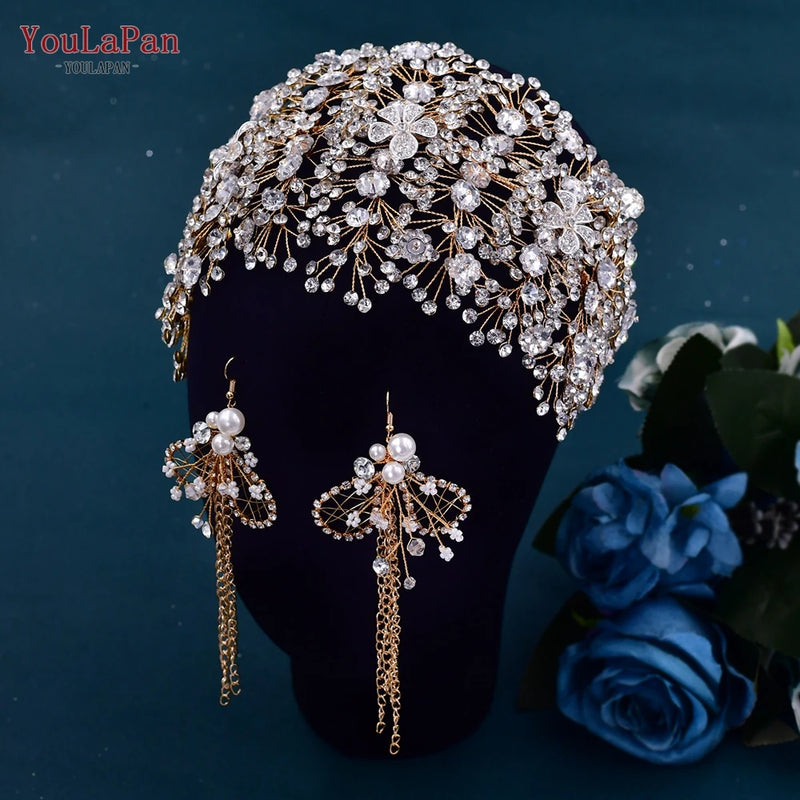 TOPQUEEN Bride Rhinestone Headband Earring Set Luxury Crystal Wedding Headband Wholesale Headpieces Hair Accessories HP240