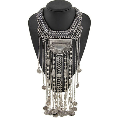 Boho Long Maxi Coin Necklace Women Vintage Ethnic Statement Big Collar Tassel Choker Necklace Femme Silvery Gypsy Jewellery