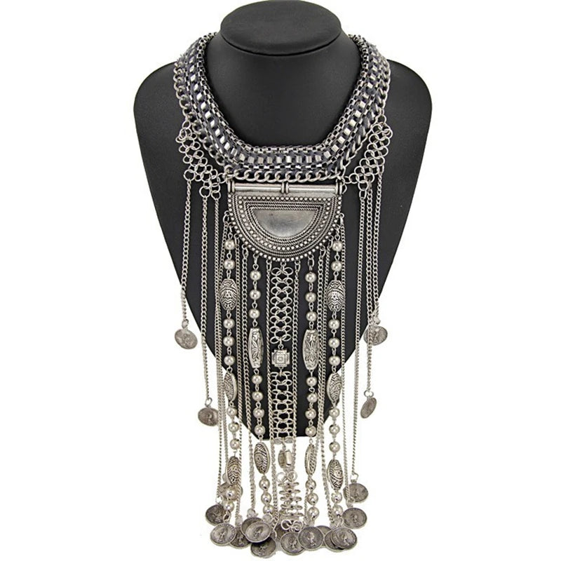 Boho Long Maxi Coin Necklace Women Vintage Ethnic Statement Big Collar Tassel Choker Necklace Femme Silvery Gypsy Jewellery