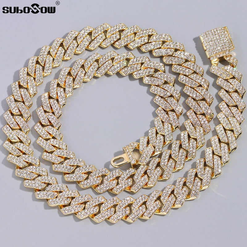 HipHop Men Women 14MM Prong Cuban Link Chain Necklace Bling Iced Out 2 Row Rhinestone Paved Miami Rhombus Cuban Necklace Jewelry