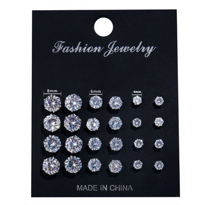 Six Claw Crystal Zircon Earrings Inlaid with Colorful Diamonds, Fashionable 12 Pair Combination Card Earrings