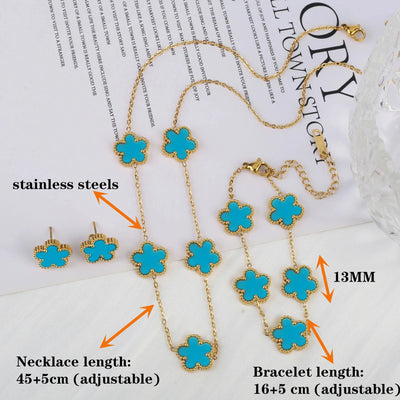 Hot jewelry sales stainless steel five-leaf flower necklace bracelet earrings set high sense women's shamrock jewelry party