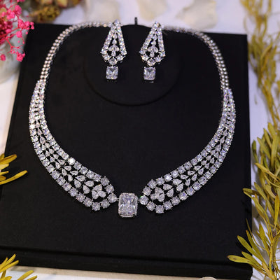 Chic Shiny Big Square Light White CZ Crystal Women Party Wedding Necklace and Earrings Fashion Jewelry Sets for Brides Z019