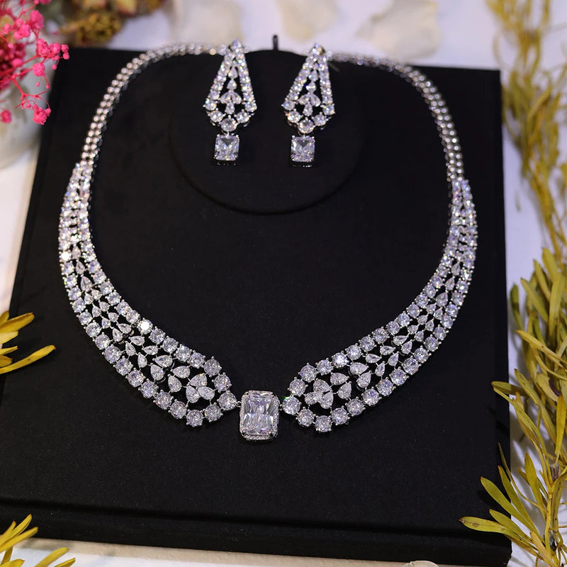 Chic Shiny Big Square Light White CZ Crystal Women Party Wedding Necklace and Earrings Fashion Jewelry Sets for Brides Z019