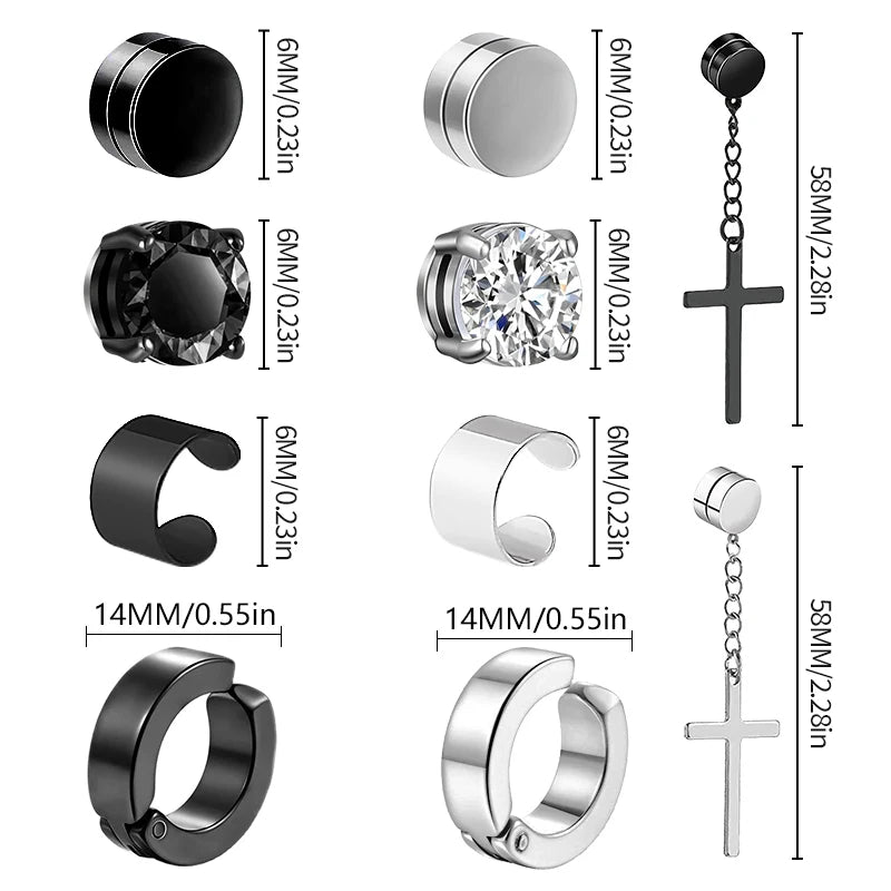 1 Pairs of Magnetic Clip Earrings Stainless Steel Stud Earrings for Men Women Black CZ Magnet Non-piercing Clip Earring Set