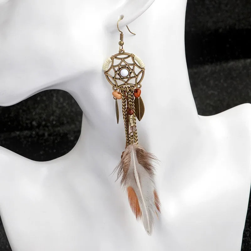 Boho Tribal Ethnic Vintage Dream Catcher Feather Leaf Long Tassel Dangling Earrings Women Vacation Jewelry