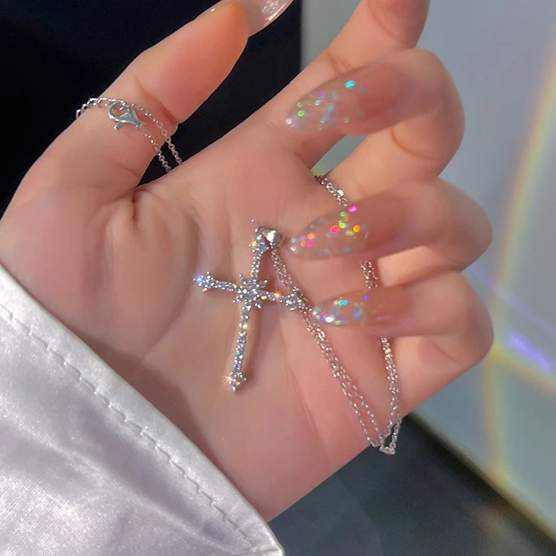 Fashion Women Crystal Zircon Cross Pendant Necklace for Women Trendy Girl Chain Necklace Choker Punk Party Jewelry Gift 2023