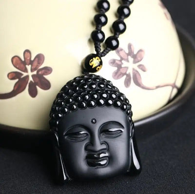 Retro Natural Obsidian Maitreya Buddha Pendant Beaded Necklace for Men and Women Buddhist Buddha Statue Amulet Jewelry