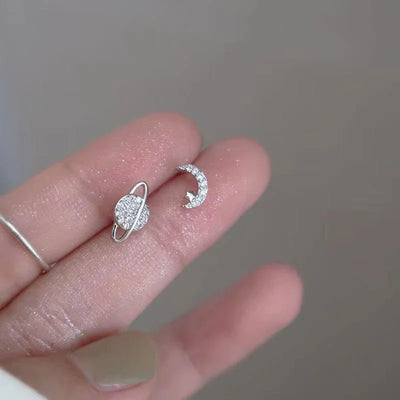 Simple Piercing Stud Earrings for Women Star Moon Zircon 925 Silver Needles Tragus Cartilage Asymmetry Pendiente Fine Jewelry