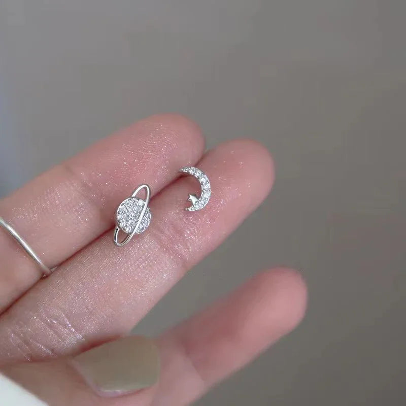 Simple Piercing Stud Earrings for Women Star Moon Zircon 925 Silver Needles Tragus Cartilage Asymmetry Pendiente Fine Jewelry