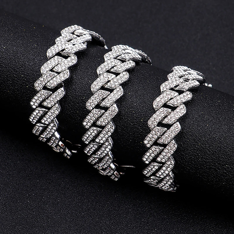 Hip Hop Shiny 15MM Cuban Link Chain Necklace Women Men Silver Color Rhinestone Iced Out Cuban Chain Punk Jewelry Necklace Gift