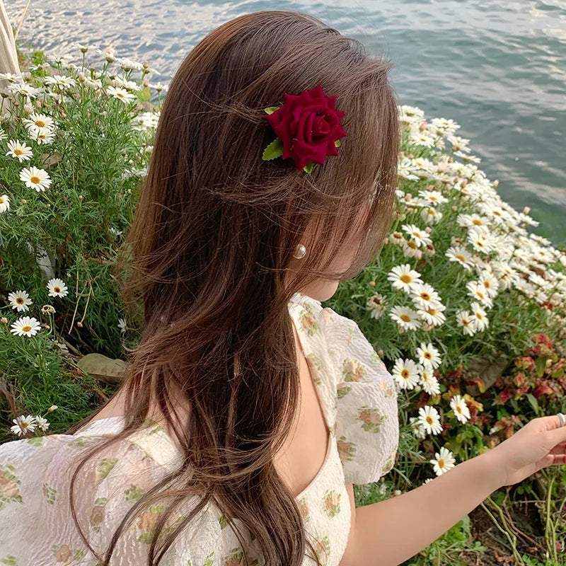 U Shaped Red Hairpins Hair Clips Wedding Hair Accessories For Women Rose Flower Headpieces Forks Bride Headdress Hair Jewelry