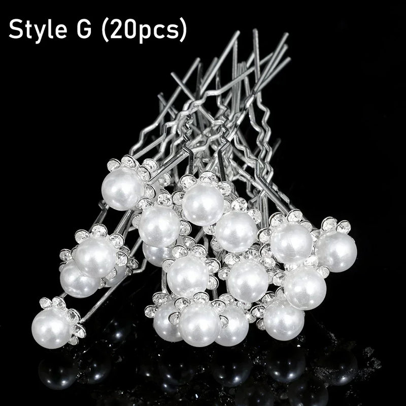 Elegant Pearl Crystal Hairpin Wedding Bridal U-shaped Metal Hair Comb Forks for Women Hairstyle Clips Jewelry Accessories 20pcs