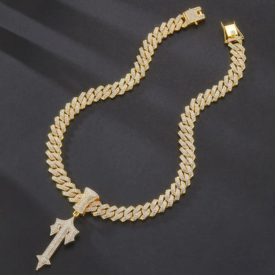 Men's Women Hip Hop Letter Iced Out Cross Sword Necklaces 13mm Width Rhombus Cuban Chains HipHop Pendant Necklace Charm Jewelry