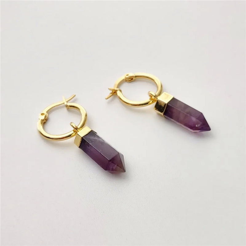 FUWO Wholesale Natural Amethysts Point Earrings,Golden Plated Handmade Bullet Shape Purple Crystal Jewelry 5Pairs/Lot ER117