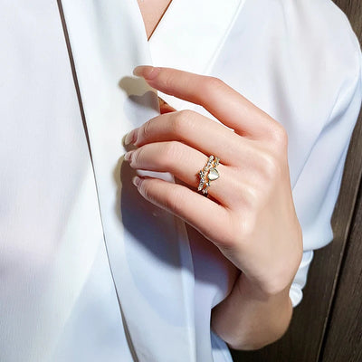 Korea's new fashion jewelry 14K gold plated simple double love crystal ring elegant women's daily opening ring accessories