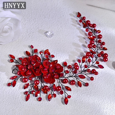 HNYYX Bridal Wedding Hair Accessories Red Rhinestone Headpieces Leaf Shaped Hair Vine Ladies Girls Holiday Tiara Gift A225