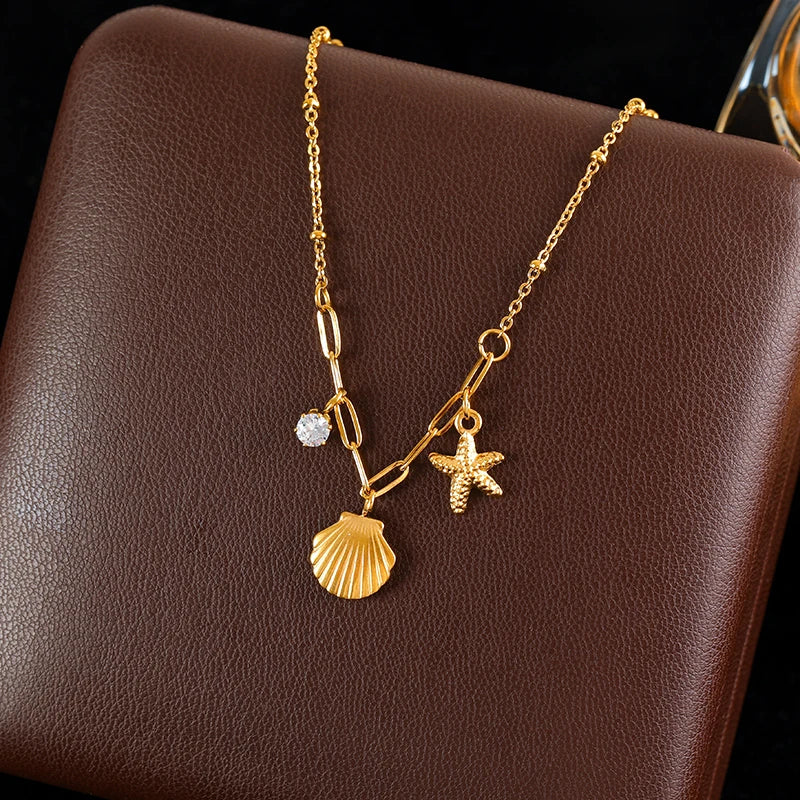 GANEMLY 316L Stainless Steel Shell Starfish Zircon Pendant Necklace For Women Fashion New Gift Neck Chain Waterproof Jewelry