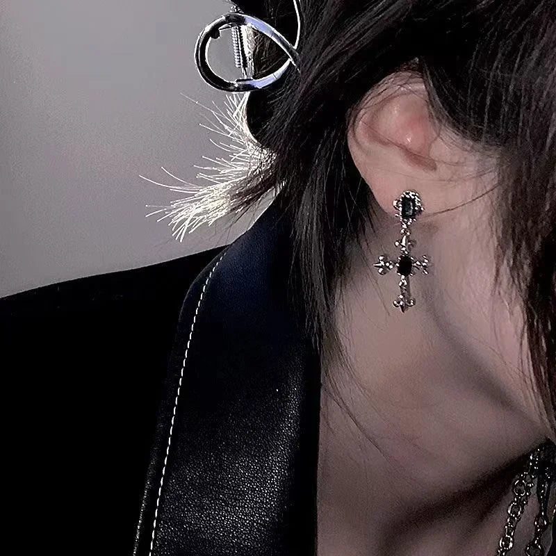 Gothic Large Detailed Cross Black Drill Jewel Earrings Punk Halloween Jewellery Creativity Fashion Gorgeous Statement Women Gift