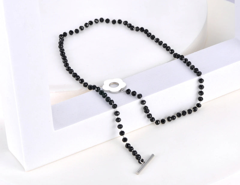 Lokaer Fashion Black CZ Crystal Charm Necklaces For Women Stainless Steel White Pearl Link Chain Bohemia Beach Necklace N22083