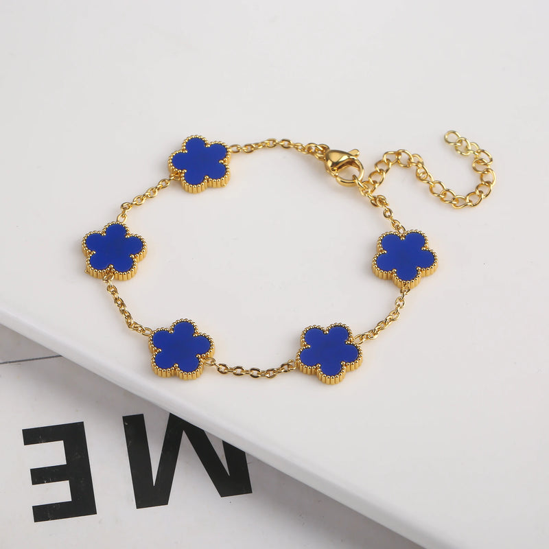 Adjustable New Design Gold Plated Stainless Steel 316L Plant Flower Bracelet With Five Leaf Petals Women&