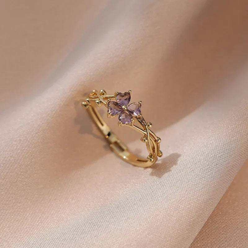 Cute Romantic Purple Four Leaf Zircon Flower Adjustable Rings for Women New Charm Gold Color Stainless Steel Finger Jewelry Gift