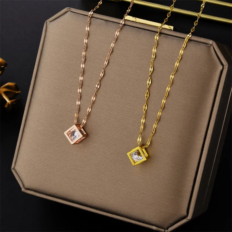 Classic Zircon Crystal Inside Hollow Square Stainless Steel Necklace For Women Korean Fashion Sexy Female Clavicle Chain Jewelry