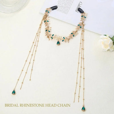 Indian Boho Bridal Headdress Fashion Golded Alloy Leaf Green Crystal Long Chain Tassel Head Chain Women's Forehead Jewelry