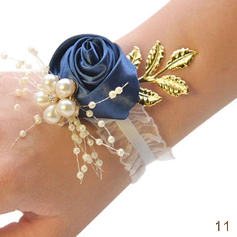 Bridesmaid Faux Rose Bracelet Wedding Wrist Corsage Polyester Ribbon Pearl Bow Bridal Gifts Hand Flowers Party Prom Accessories