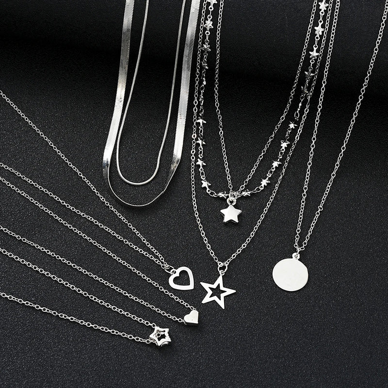 9 Pcs Simple Choker Necklaces for Women Fashion Love Heart Star Pendant Layered Necklace Jewelry Gift European and American 2024