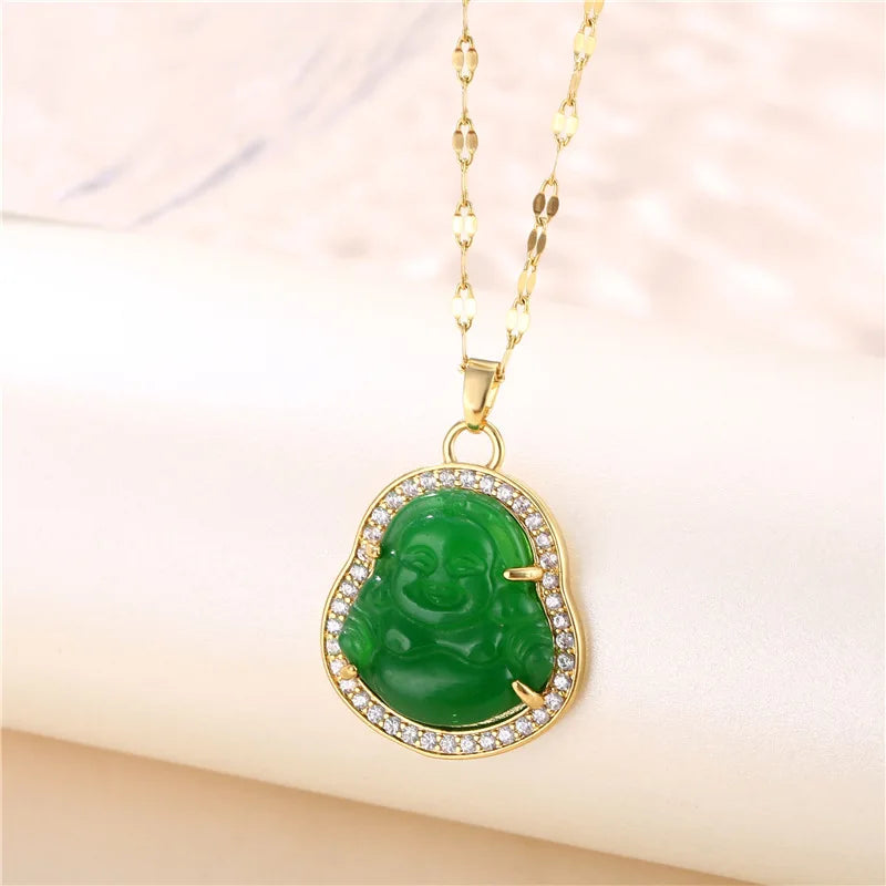 New In Fashion Green Zircon Crystal Pendant Stainless Steel Necklaces For Women Trendy Retro Style Female Clavicle Chain Jewelry