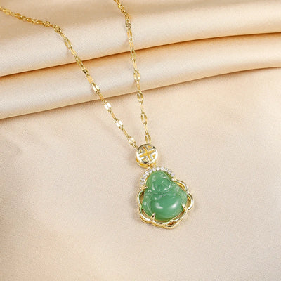 New In Fashion Green Zircon Crystal Pendant Stainless Steel Necklaces For Women Trendy Retro Style Female Clavicle Chain Jewelry