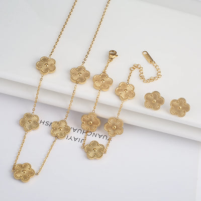 Gold Plated Lucky Stainless Steel Five Leaf Flower 3PCS Jewelry Set Bracelet Necklace Earrings for Women Party Jewelry Clover